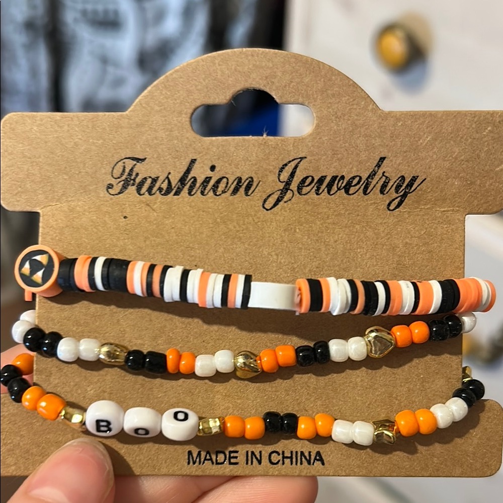 Fashion Jewelry Halloween Beaded Bracelet Set - Orange, Black, White